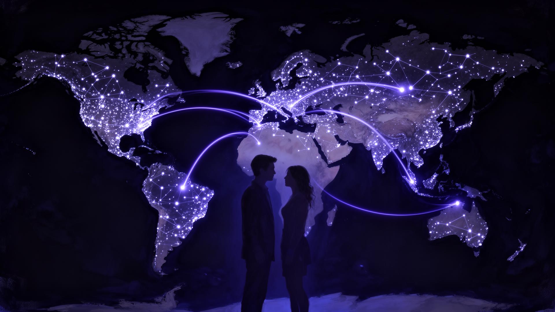 A constellation map connecting cities across the world
